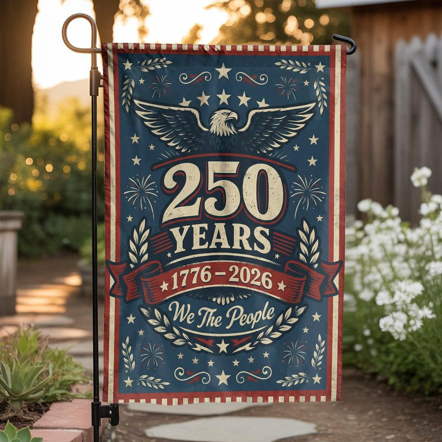 Drapeau de jardin du 250e anniversaire des États-Unis | Aigle vintage « We The People » 1776-2026 | Bannière en polyester double face | Décoration patriotique commémorative pour jardin