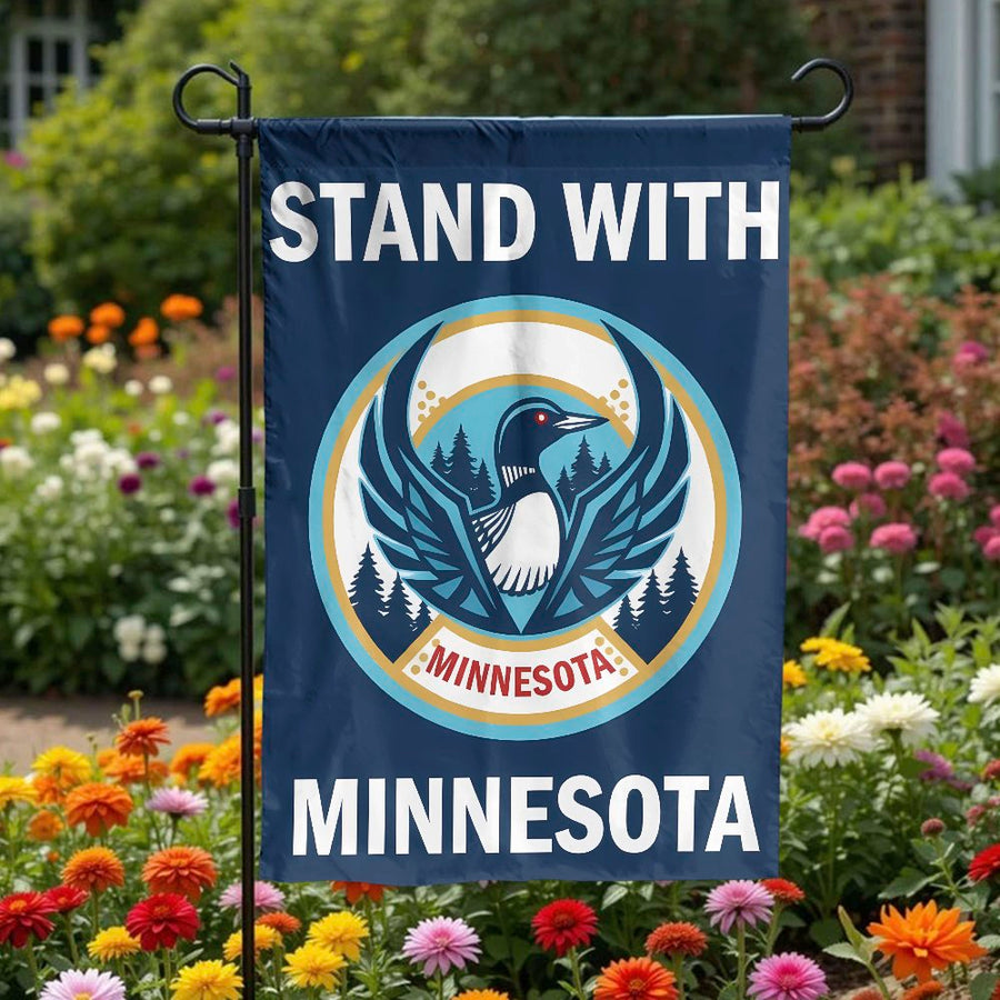 Stand With Minnesota Garden Flag | Loon State Bird Emblem | Weather-Resistant Polyester | MN State Pride Gift & Yard Decor
