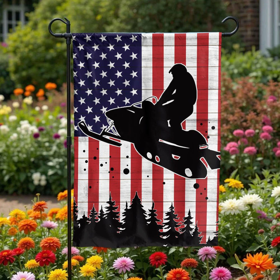 Snowmobile American Flag Garden Flag | Rustic USA Winter Sports Decor | Double-Sided Polyester Print | Outdoor Yard Gift for Snowmobilers