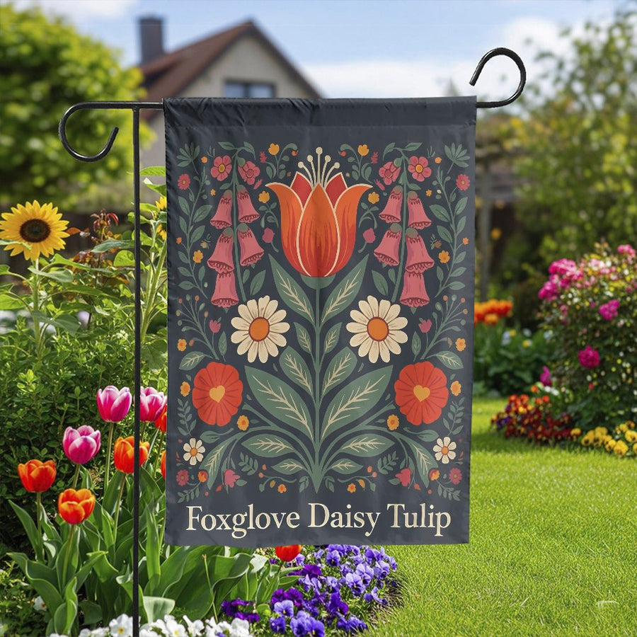 Folk Art Floral Garden Flag | Double Sided Foxglove Daisy Tulip Print | Weather-Resistant Polyester | Outdoor Yard Decor Gift for Gardeners