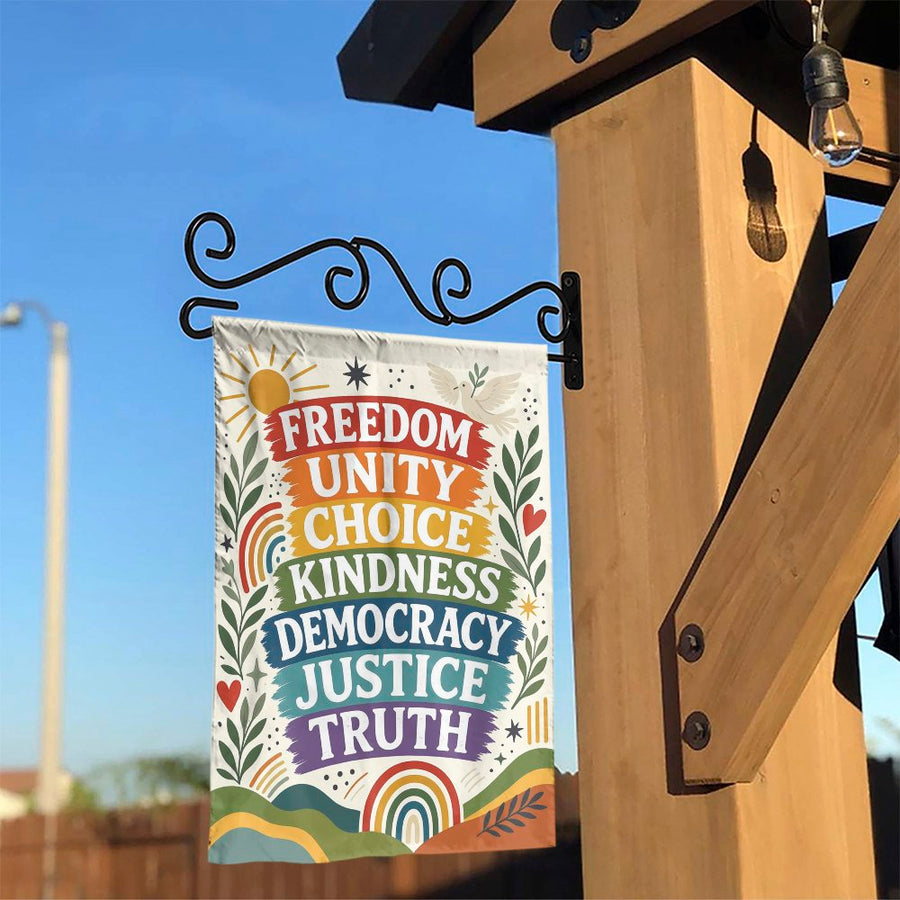 Progressive Values Garden Flag | Freedom Unity Democracy Quote | Weatherproof Double-Sided Print | Liberal Human Rights Yard Decor
