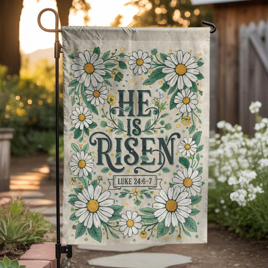 He Is Risen Garden Flag | Floral Daisy Wreath Scripture Verse | Double-Sided Weather-Resistant Fabric | Christian Easter Outdoor Decoration Gift