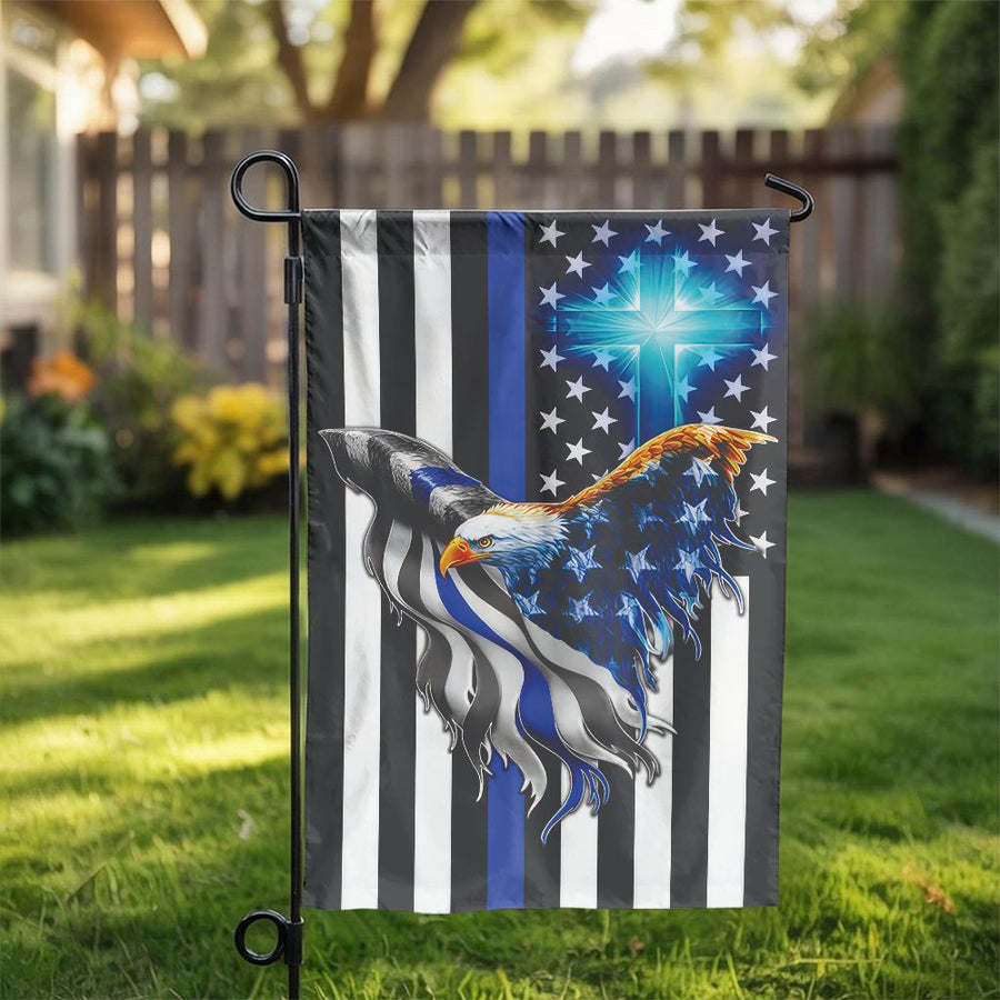 Thin Blue Line Garden Flag | Patriotic Eagle and Cross Design | Weather Resistant Double Sided | Law Enforcement Support Gift