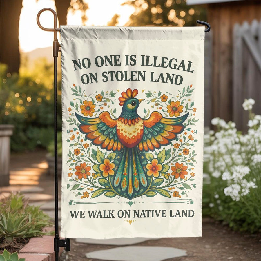 No One Is Illegal Garden Flag | Folk Art Bird & Floral Design | Double Sided Weatherproof | Progressive Yard Decor & Social Justice Gift