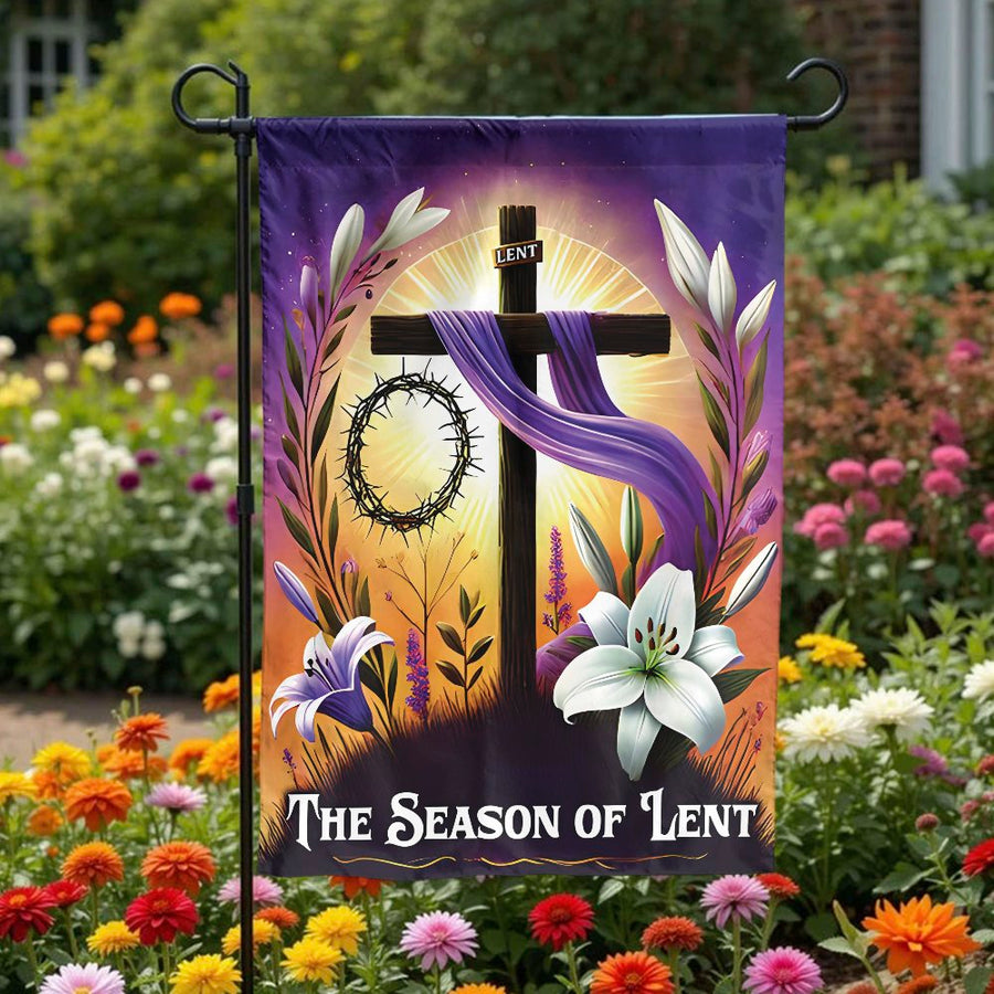 Season of Lent Garden Flag | Christian Cross and Crown of Thorns | Weather-Resistant Double Sided Fabric | Religious Easter Yard Decor Gift
