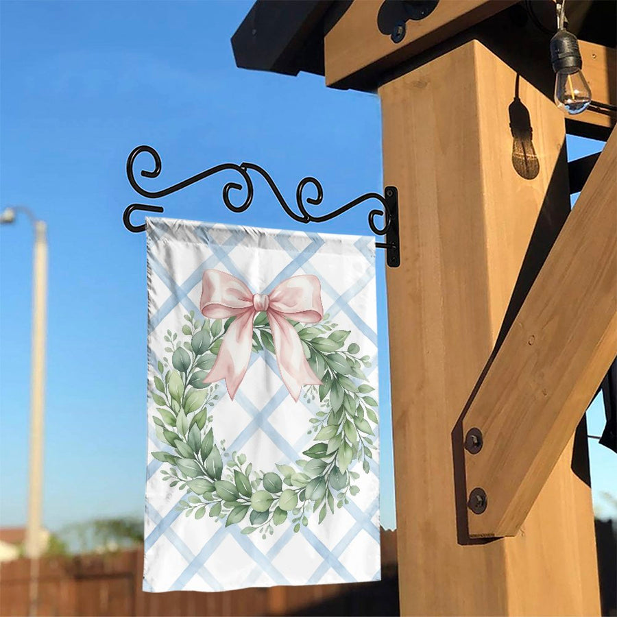 Eucalyptus Wreath Garden Flag | Watercolor Pink Bow on Blue Trellis | Premium Double Sided Fabric | Spring Welcome Decor Gift