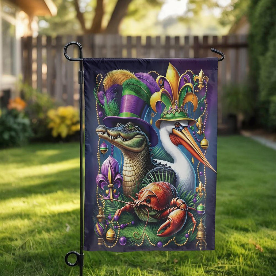 Mardi Gras Garden Flag | Alligator, Pelican & Crawfish Trio | Double Sided Polyester | Seasonal New Orleans Yard Decor Gift