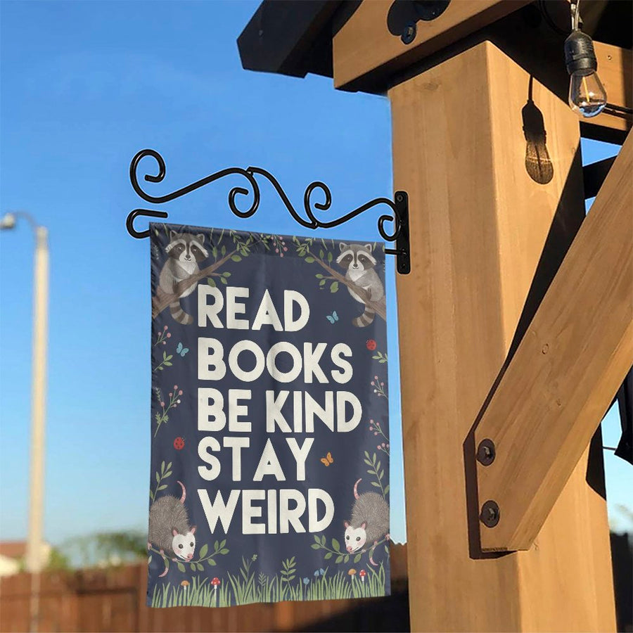Read Books Stay Weird Garden Flag | Whimsical Raccoon & Possum Quote | Double Sided Fade-Resistant Fabric | Unique Outdoor Decor Gift for Book Lovers