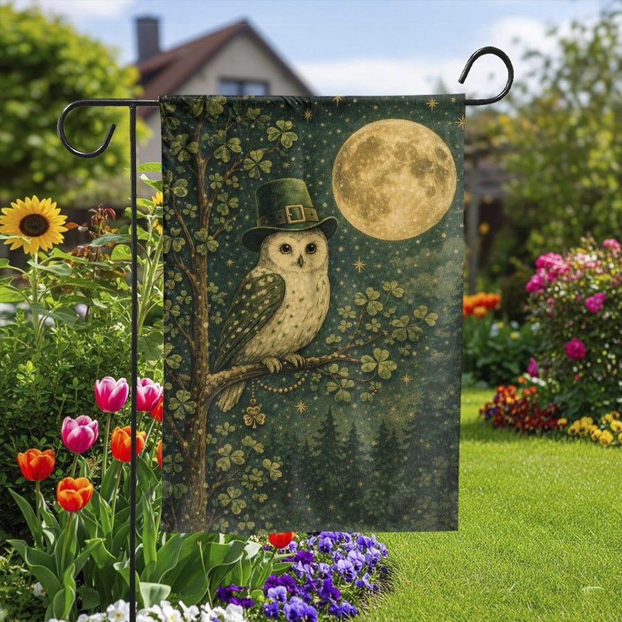 St. Patrick's Day Garden Flag | Whimsical Owl in Leprechaun Hat | Double-Sided Weatherproof Polyester | Seasonal Irish Yard Decor Gift