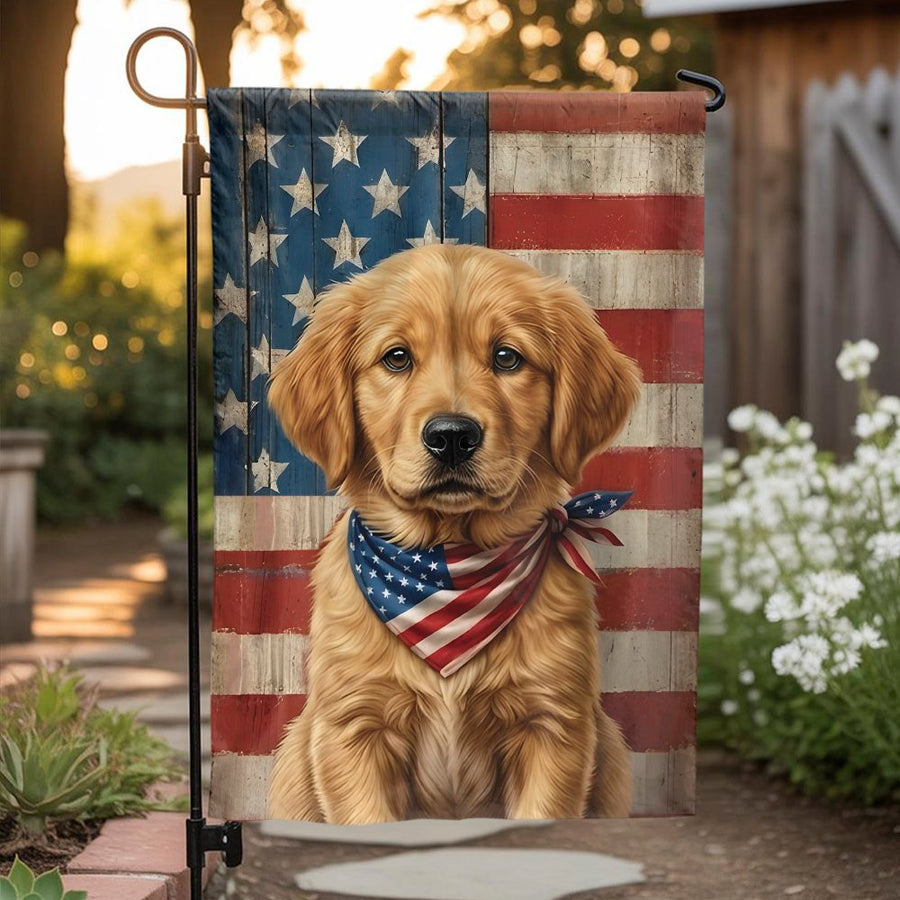 Patriotic Golden Retriever Garden Flag | American Flag Dog Art | Double Sided Weather Resistant Fabric | Premium Outdoor Decor Gift for Dog Lovers