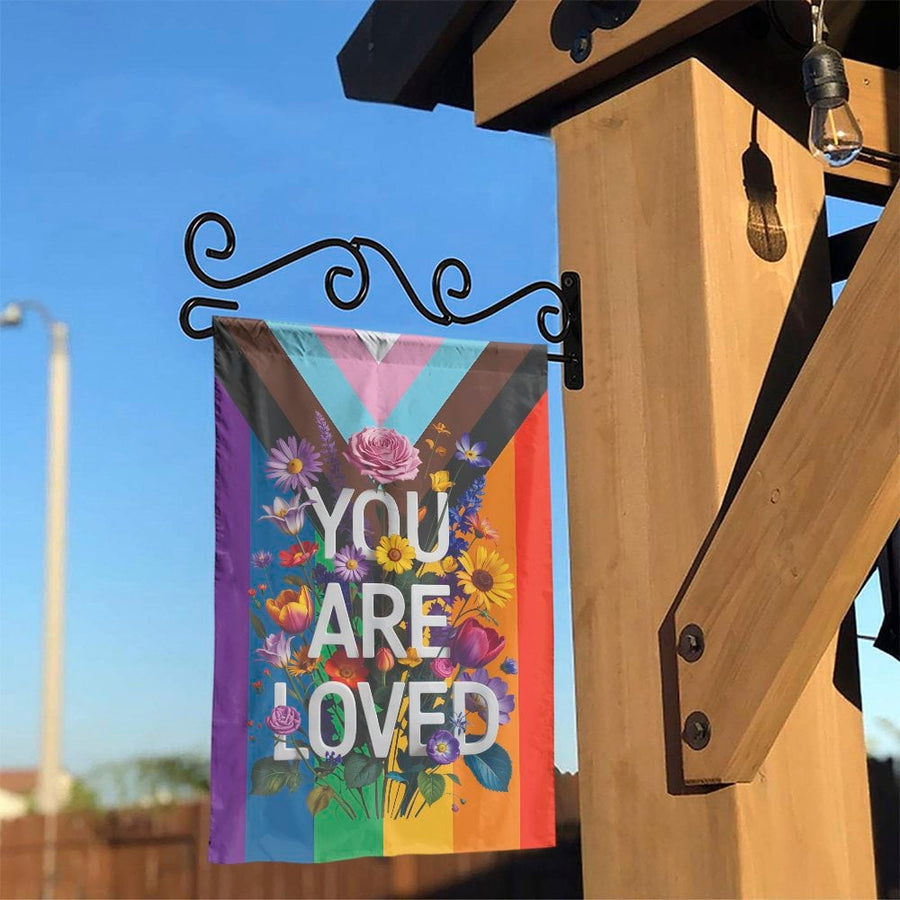 Progress Pride Garden Flag | Floral 'You Are Loved' LGBTQ+ Design | Double Sided Weather-Resistant Fabric | Pride Month Outdoor Decor Gift