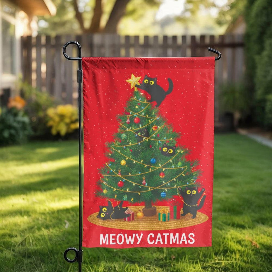 Meowy Catmas Garden Flag | Funny Black Cats on Christmas Tree | Weather-Resistant Polyester | Holiday Yard Decor Gift for Cat Lovers