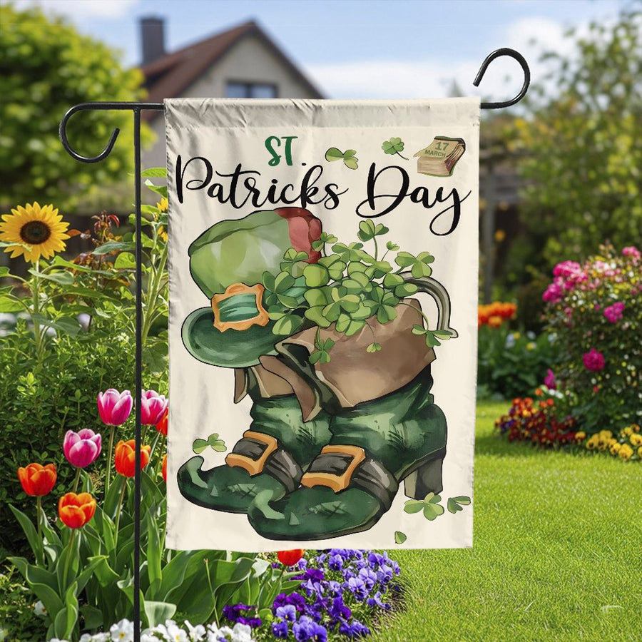 St Patricks Day Garden Flag | Leprechaun Boots & Shamrocks Design | Weather-Resistant Polyester | Seasonal Outdoor Yard Decor Gift