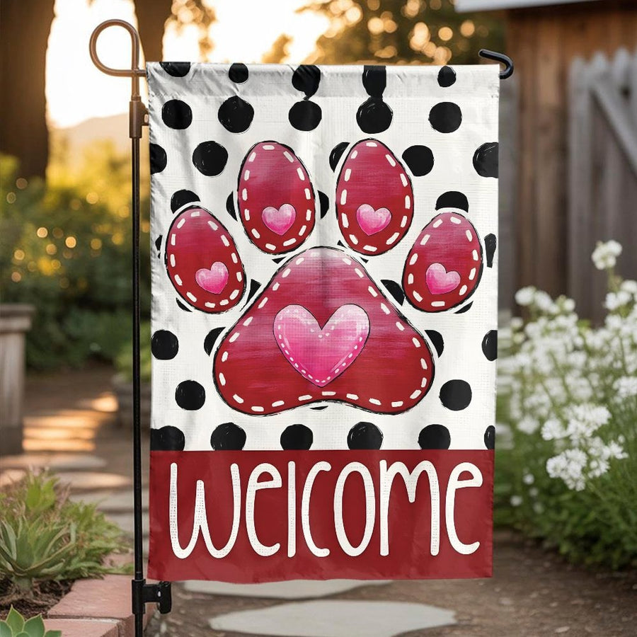 Dog Paw Print Welcome Garden Flag | Polka Dot with Red Heart Design | Double Sided Polyester | Premium Yard Decor Gift for Dog Lovers
