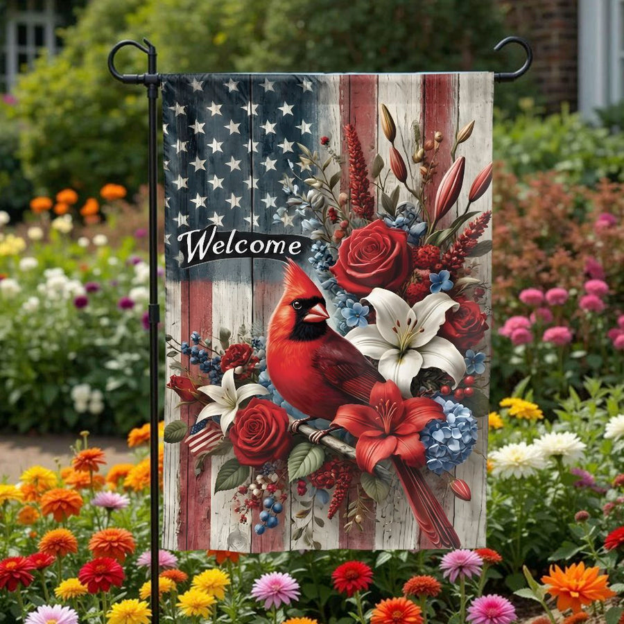 Patriotic Cardinal Welcome Flag | Rustic American Flag with Red Bird | Premium Weather-Resistant Polyester | Seasonal Gift for Gardeners & Homeowners