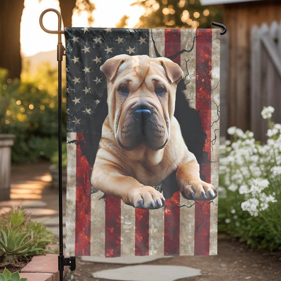 Shar Pei Dog Garden Flag | Distressed American Flag Art | Double Sided Weather Resistant Polyester | Gift for Shar Pei Mom Dad