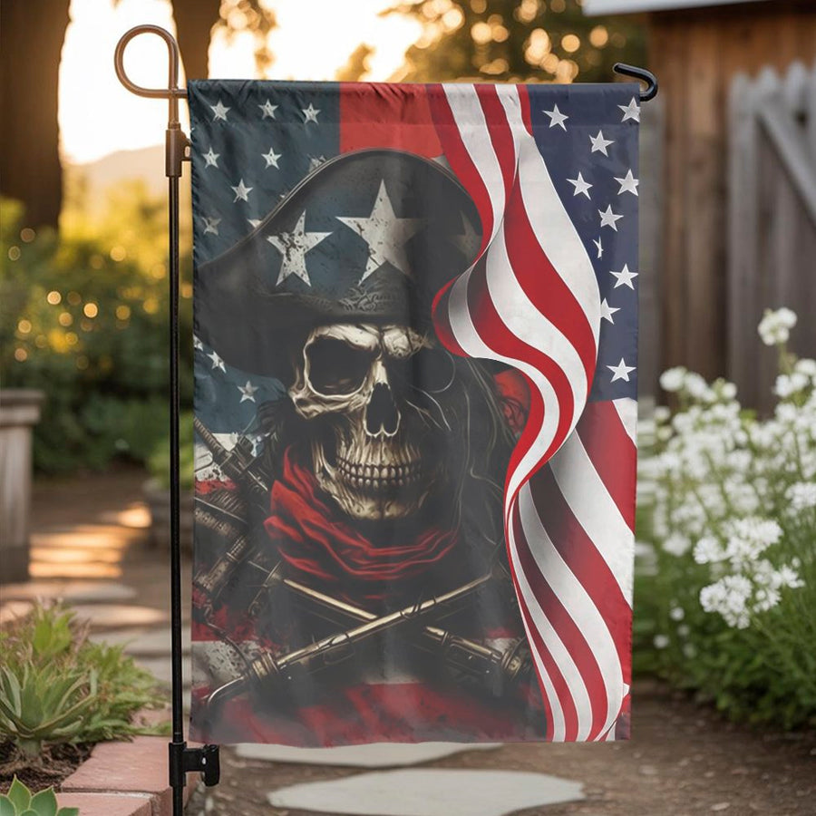 Patriotic Skull Garden Flag | Rebellious Pirate Jolly Roger Design | Weather-Resistant Double Sided Print | Premium Patriotic Yard Decor Gift