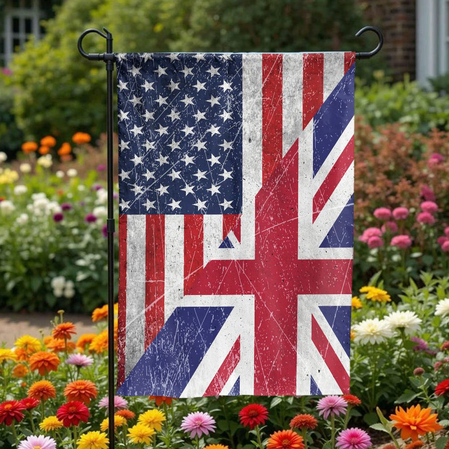 Half American Half British Garden Flag | Distressed USA UK Union Jack Design | Double Sided Polyester Yard Banner | Patriotic Home Decor Gift