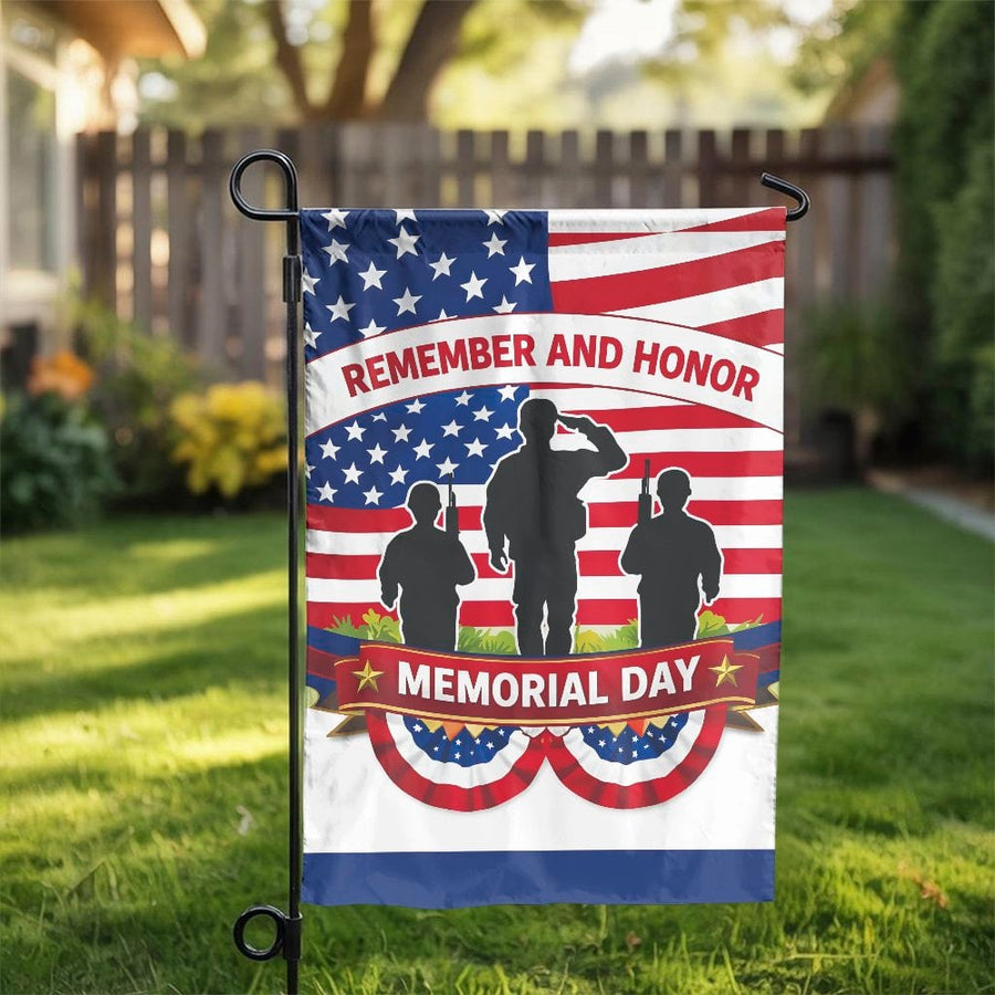 Memorial Day Garden Flag | Remember and Honor Soldier Silhouette | Double-Sided Weather-Resistant Fabric | Patriotic Outdoor Yard Decor for Veterans