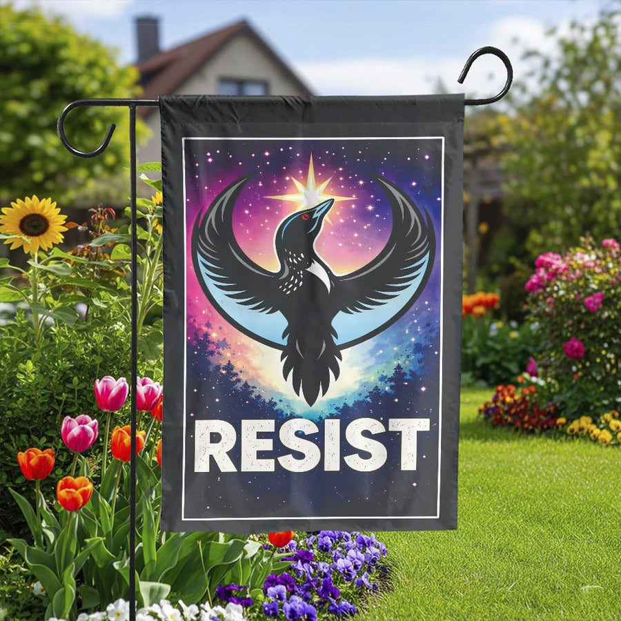 Minnesota Resist Garden Flag | Cosmic Loon Bird Protest Art | Double-Sided Weather-Resistant Polyester | Political Yard Decor Gift