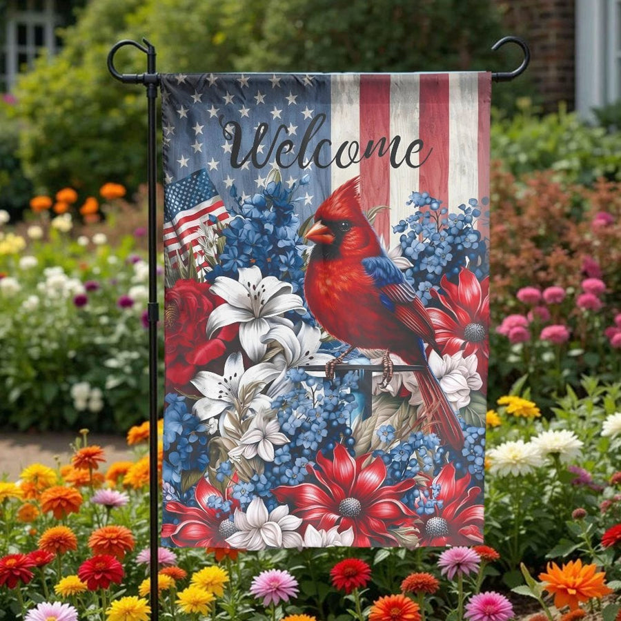 Patriotic Cardinal Garden Flag | Welcome Sign with American Flag and Florals | Double-Sided Weather-Resistant Polyester | Premium Outdoor Yard Decor Gift