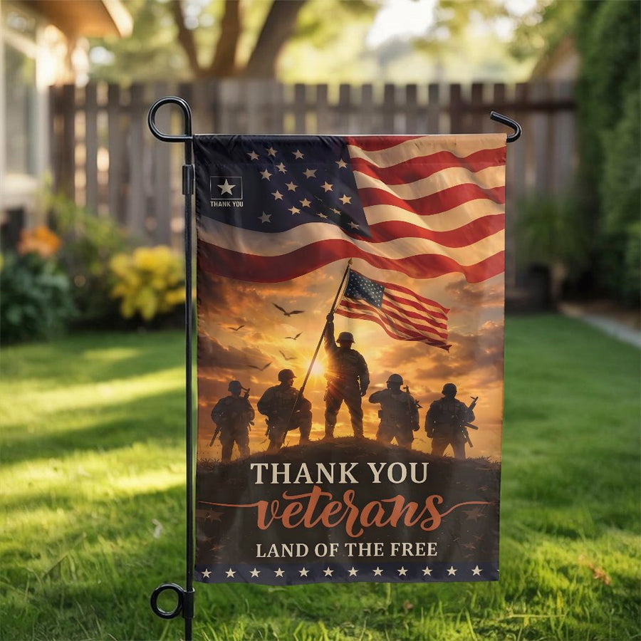 Thank You Veterans Garden Flag | American Flag Soldier Silhouette | Double Sided Weather Resistant | Patriotic Military Yard Decor Gift