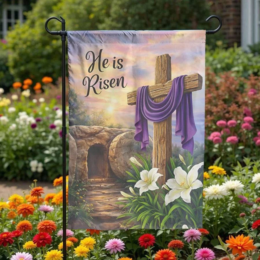 He is Risen Garden Flag | Christian Empty Tomb & Cross | Weather Resistant Double Sided | Religious Spring Yard Decor Gift
