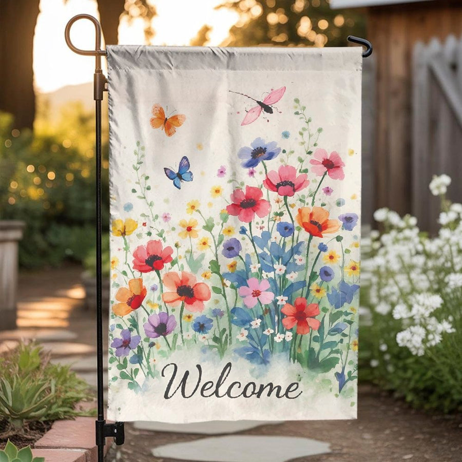 Watercolor Wildflower Welcome Garden Flag | Colorful Botanical Butterfly Art | Premium Weather-Resistant Fabric | Outdoor Decor for Yard & Patio Gift