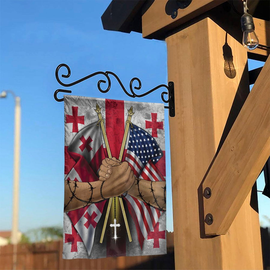 Georgian American Friendship Garden Flag | USA & Georgia Flags Handshake | Premium Weather Resistant Polyester | Patriotic Outdoor Decor Gift