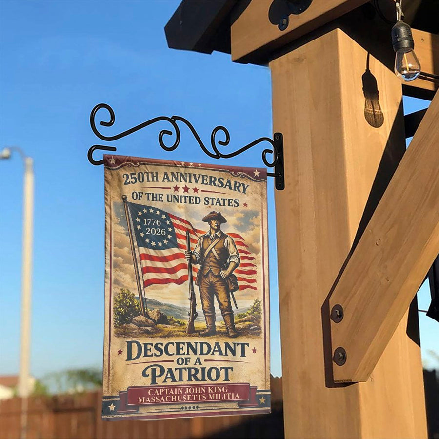US 250th Anniversary Garden Flag | Descendant of a Patriot Design | Weather-Resistant Polyester | Commemorative Gift for History Buffs