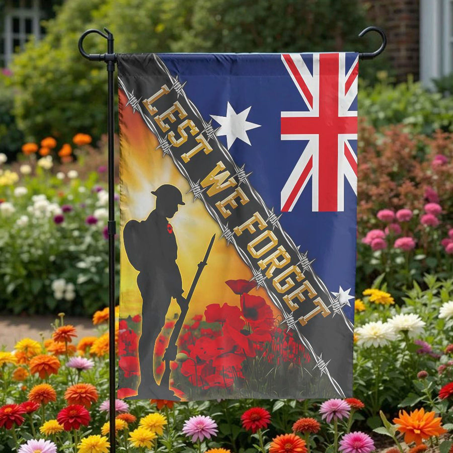 Lest We Forget Garden Flag | Australian ANZAC Soldier & Poppy Field | Double Sided Polyester | Patriotic ANZAC Day Memorial Decor Gift