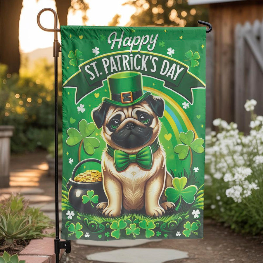 St. Patrick's Day Pug Garden Flag | Cute Leprechaun Dog Welcome Sign | Double Sided Weather Resistant Fabric | Seasonal Holiday Decor for Pug Lovers