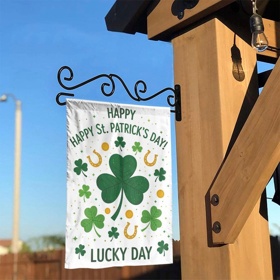 St Patrick's Day Garden Flag | Lucky Shamrock & Horseshoe Print | Double Sided Weatherproof Banner | Premium Irish Holiday Home Decor