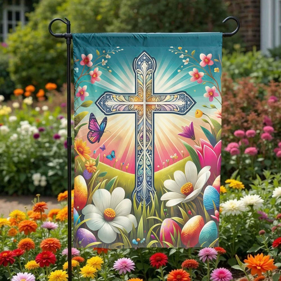 Christian Easter Garden Flag | He is Risen Resurrection Scene with Floral Cross | Premium Double-Sided Fabric | Religious Spring Yard Decor Gift