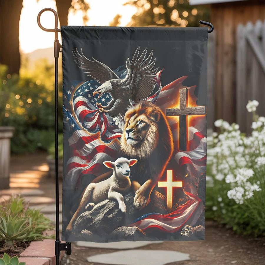 Christian Patriotic Garden Flag | Lion and Lamb with Eagle & Cross | Double Sided Weatherproof Yard Decor | Premium Gift for Christians