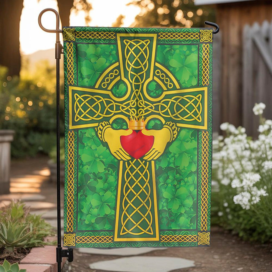 Celtic Cross Garden Flag | Irish Claddagh Symbol & Shamrocks | Weather-Resistant Double Sided Fabric | St. Patrick's Day Holiday Decor