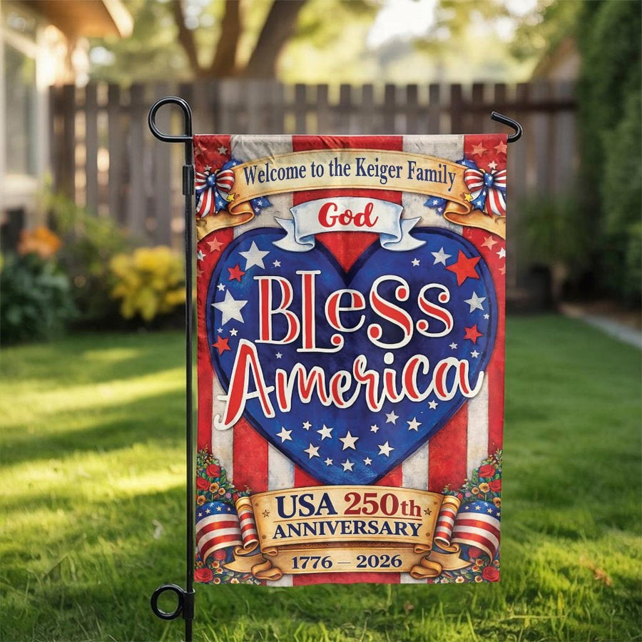 USA 250th Anniversary Garden Flag | God Bless America Heart Design | Double Sided Weatherproof Yard Banner | Commemorative Patriotic Home Decor Gift