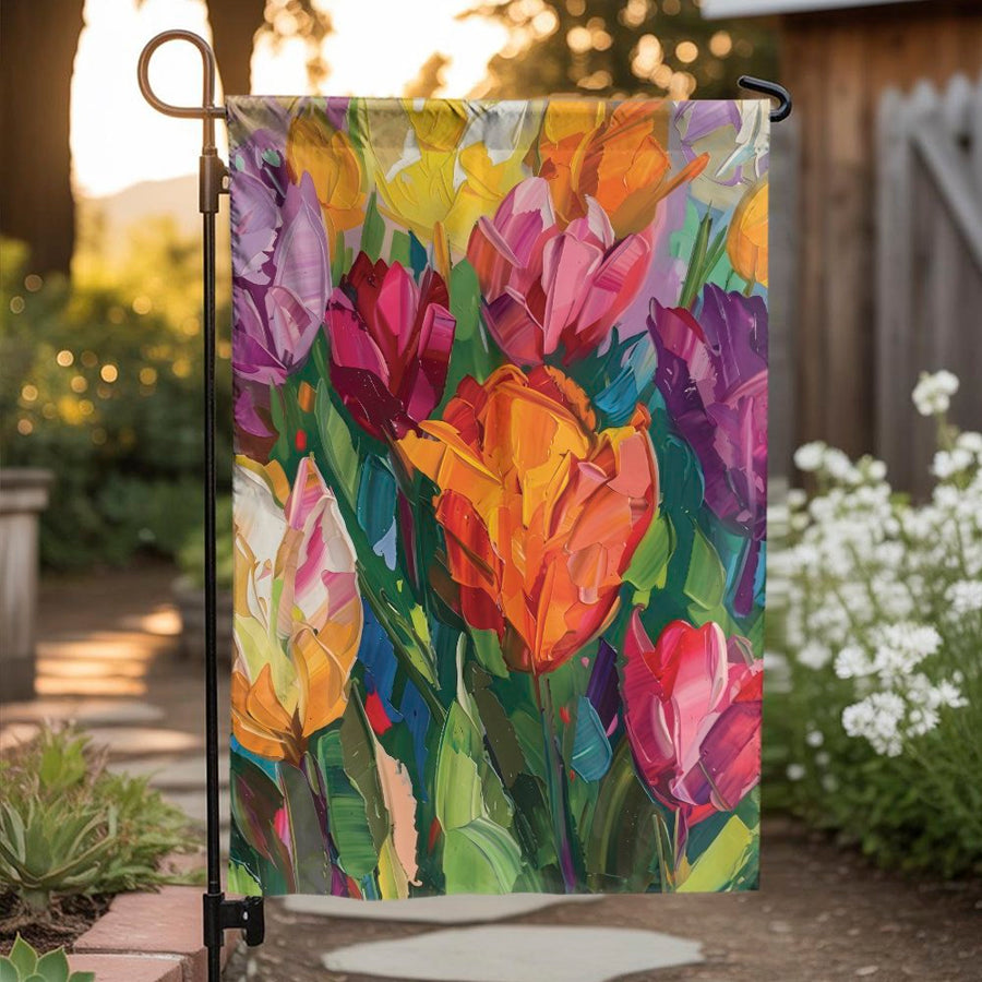 Vibrant Tulip Garden Flag | Painted Floral Art Double-Sided Print | Premium Weather-Resistant Polyester | Spring Yard Decor Gift for Gardener