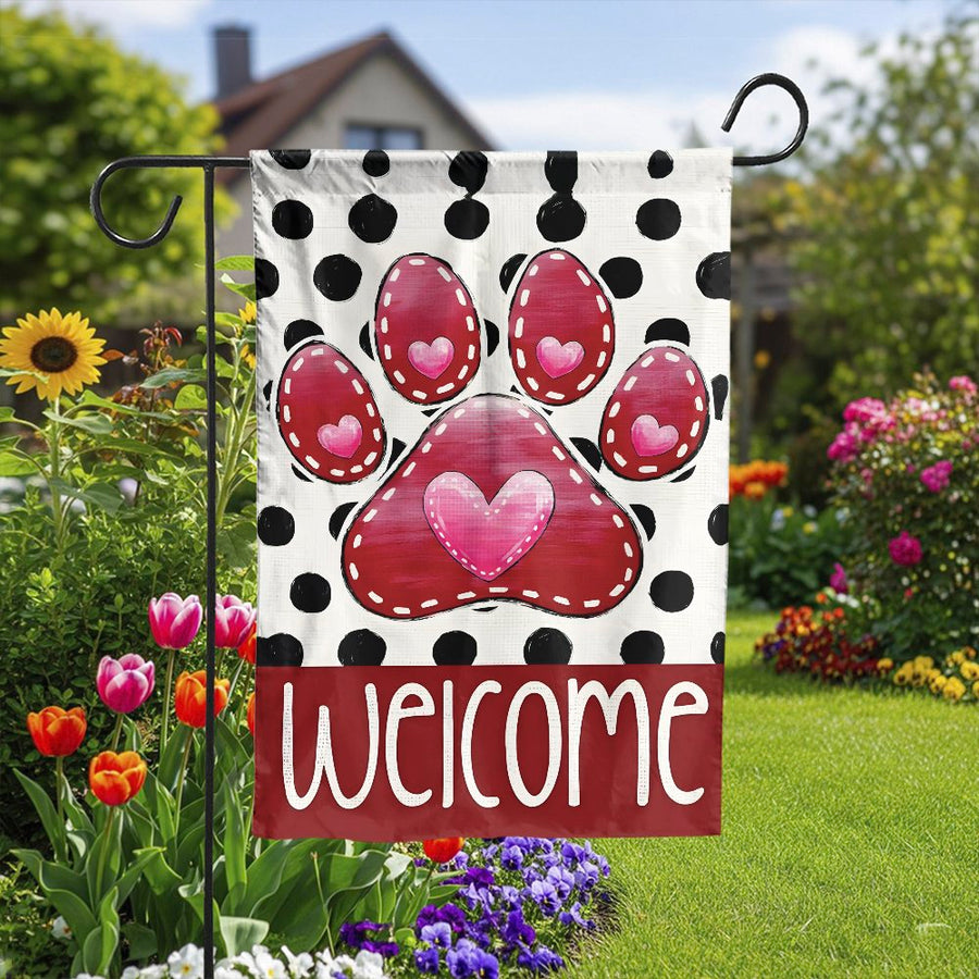 Dog Paw Print Welcome Garden Flag | Polka Dot with Red Heart Design | Double Sided Polyester | Premium Yard Decor Gift for Dog Lovers
