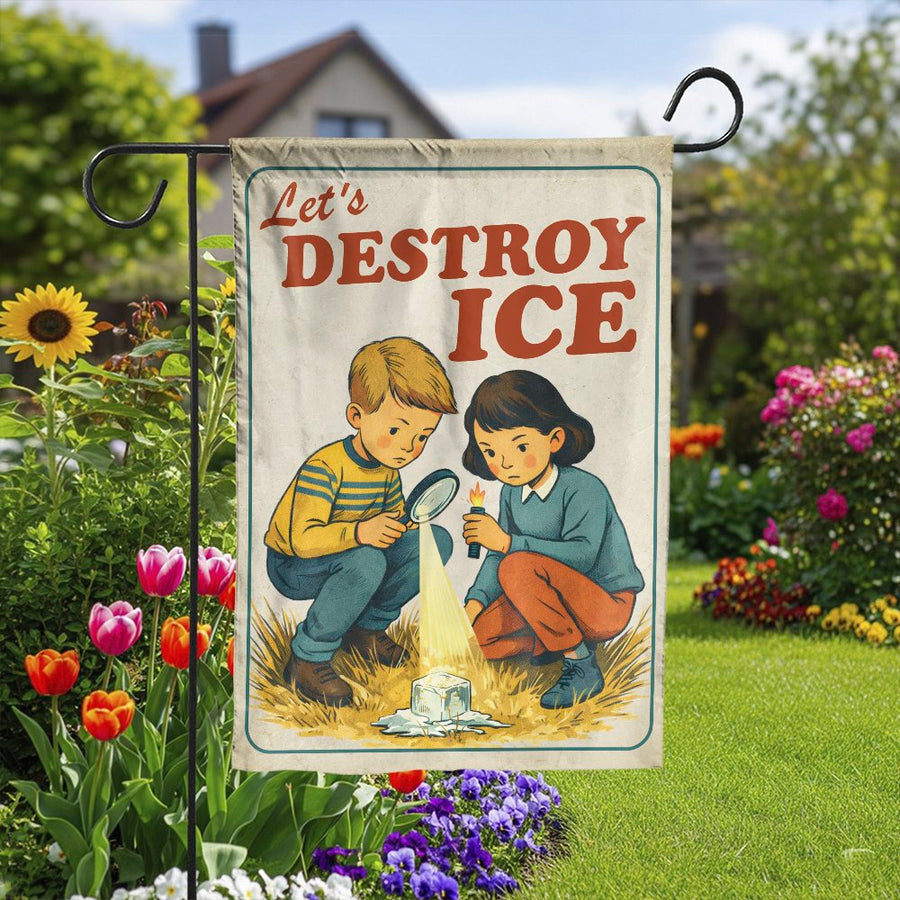 Funny Retro Garden Flag | Let's Destroy Ice Vintage Illustration | Premium Double Sided Polyester | Humorous Outdoor Yard Decor Gift