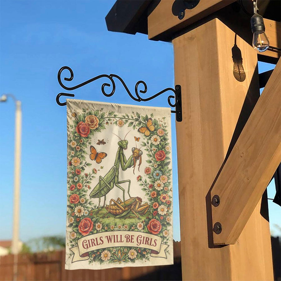 Funny Praying Mantis Garden Flag | Girls Will Be Girls Vintage Botanical Art | Double-Sided Weather-Resistant Polyester | Unique Gift for Gardener