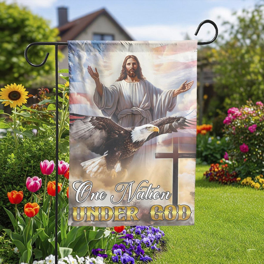 One Nation Under God Garden Flag | Patriotic Jesus & Eagle Design | Weather Resistant Polyester | Christian Home Decor Gift