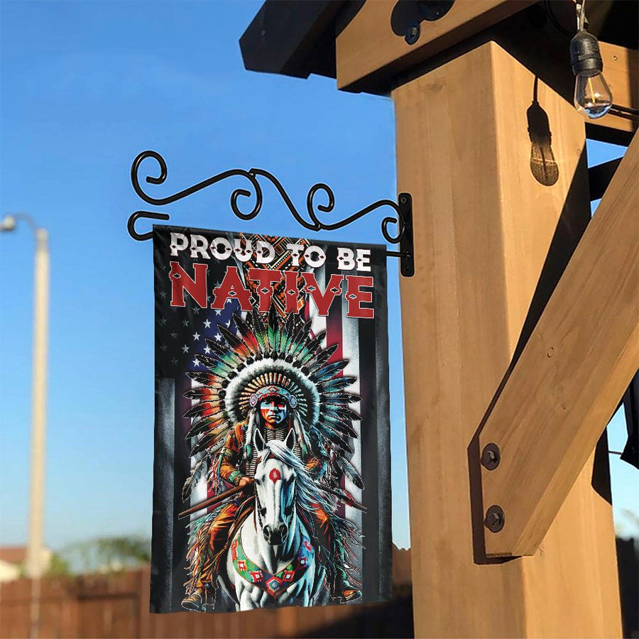Proud To Be Native Garden Flag | American Flag Warrior on Horse | Weather Resistant Polyester | Indigenous Pride Outdoor Decor Gift