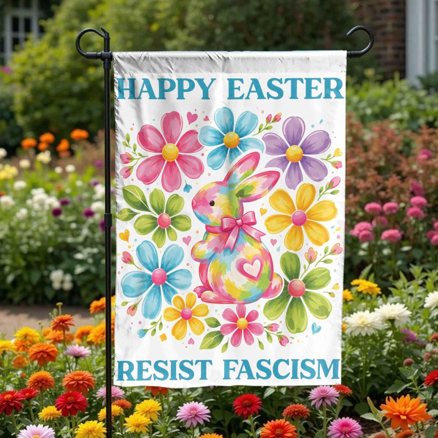 Resist Fascism Easter Garden Flag | Watercolor Bunny & Flowers | Weather-Resistant Double-Sided Print | Progressive Holiday Yard Decor Gift