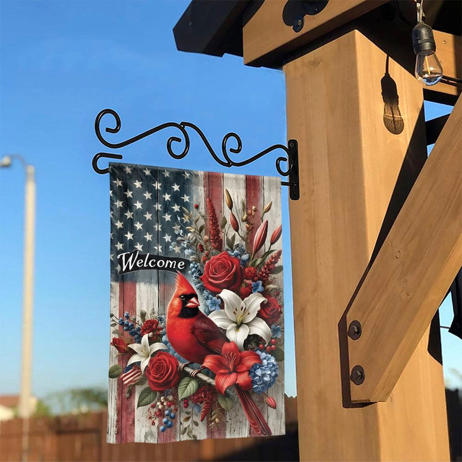 Patriotic Cardinal Welcome Flag | Rustic American Flag with Red Bird | Premium Weather-Resistant Polyester | Seasonal Gift for Gardeners & Homeowners