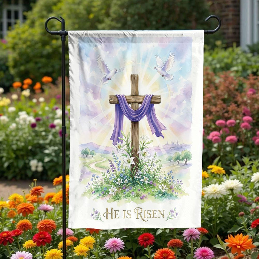 He is Risen Garden Flag | Jesus Resurrection Cross with Doves | Weather-Resistant Double-Sided | Christian Easter Decor Gift