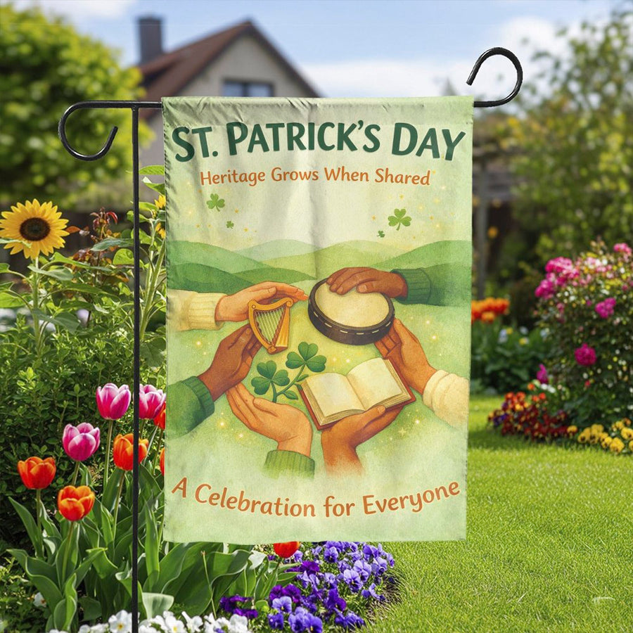 St. Patrick's Day Garden Flag | Inclusive Irish Heritage Design | Double-Sided Polyester Fabric | Seasonal Outdoor Yard Decor Gift