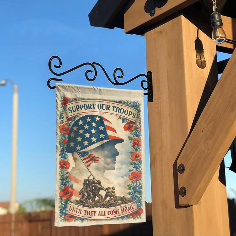 Support Our Troops Garden Flag | Vintage Soldier Silhouette & Poppy Art | Double Sided Weather Resistant | Patriotic Yard Decor Gift for Veterans
