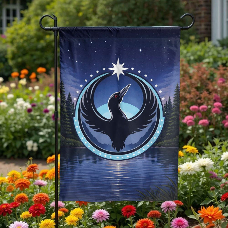 Mystic Loon Garden Flag | Celestial Bird Emblem over Lake Scene | Double-Sided Weatherproof Fabric | Outdoor Yard & Patio Decor Gift