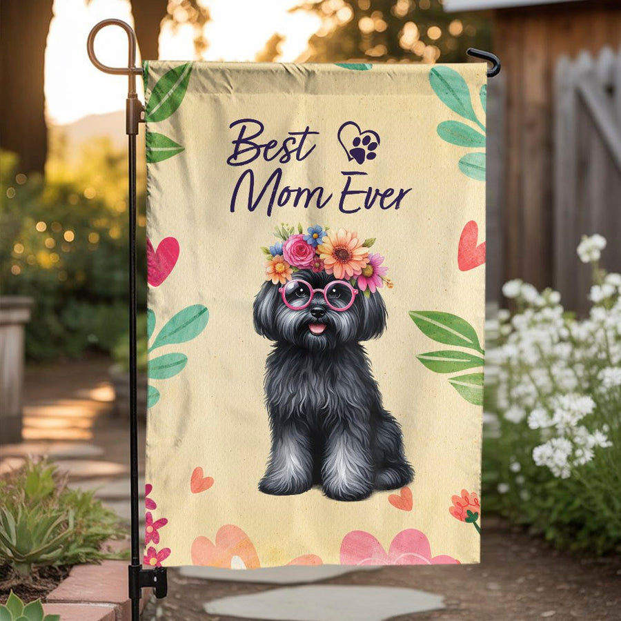 Dog Mom Garden Flag | Best Mom Ever with Cute Black Dog | Double Sided Polyester Yard Banner | Mother's Day Gift for Dog Lovers